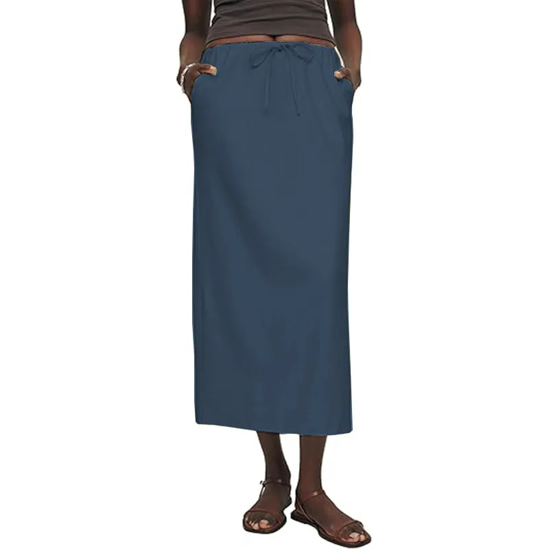 Womens Skirts Elastic Waist Drawstring Long Skirts