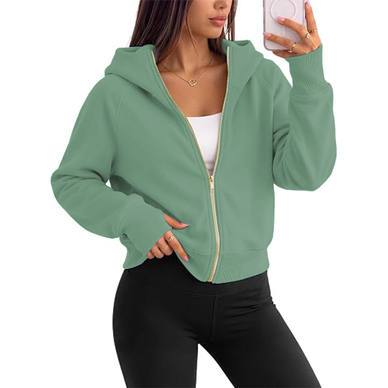 Women's full zipper hooded lightweight wool lined short jacket for autumn clothing