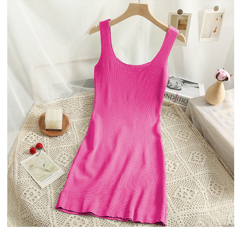 Women black knitted camisole waist cinching slimming dress