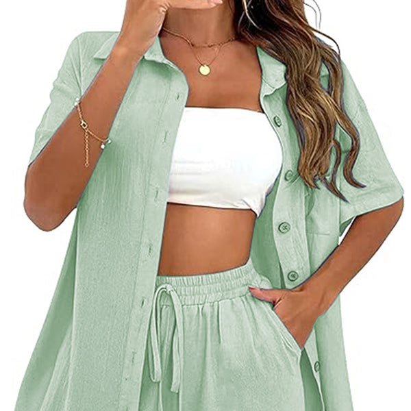 Women 2 Piece Sets Long Sleeve Button Down Shirts Matching Short Sets