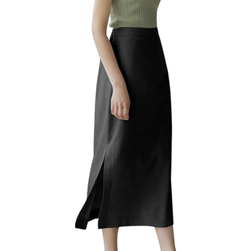Women's high waisted straight tube cotton and linen long skirt with slit