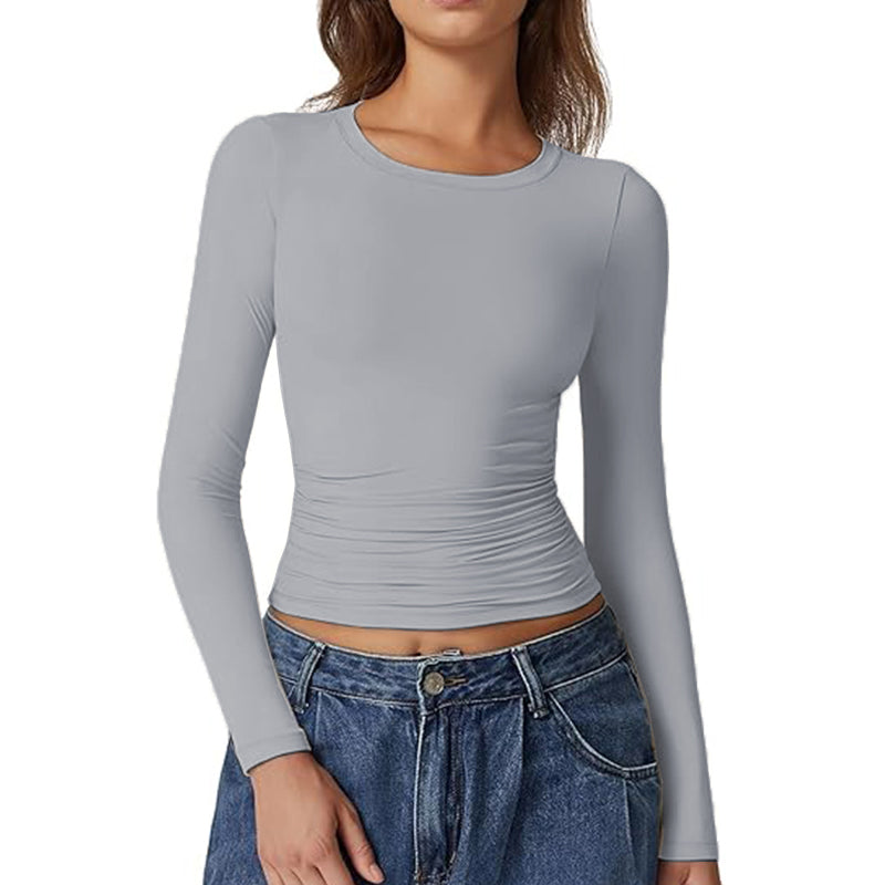 Women Crewneck Long Sleeve Shirt Double Lined Basic Tees