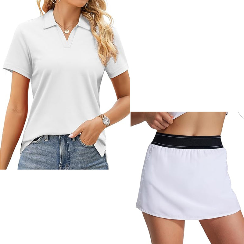 Women's two piece tennis skirt casual collar shirt summer sports short skirt set