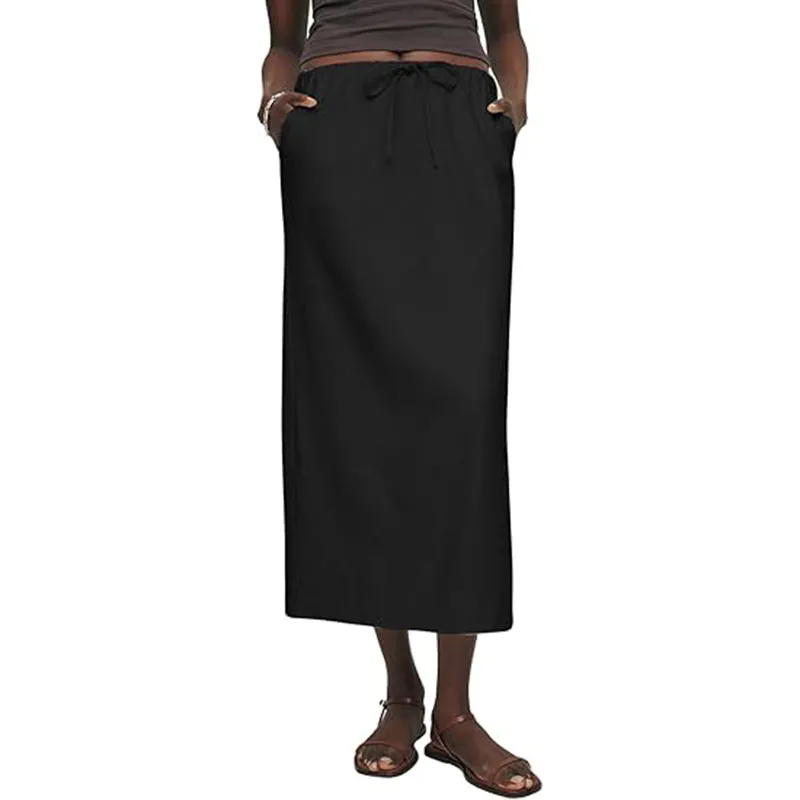 Womens Skirts Elastic Waist Drawstring Long Skirts