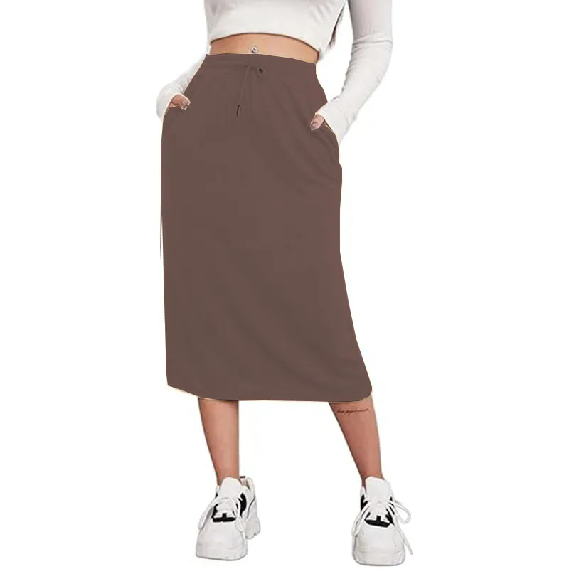Women High Waist Skirt Vintage Elastic Line Pleated Skirt with Pockets