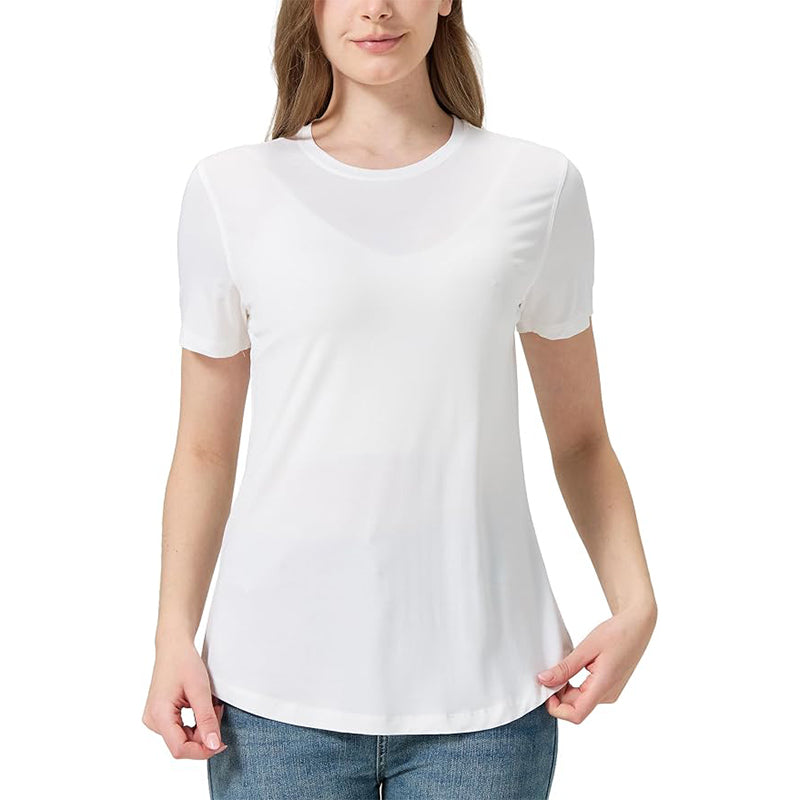 Women's Soft Bamboo Fiber Adhesive Fiber T-shirt with Curved Round Neck and Short Sleeve