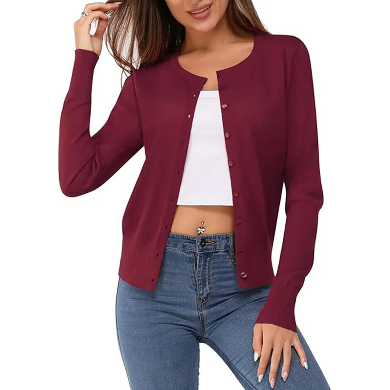Women Long Sleeve Button Up Ribbed Knit Crop Cardigan