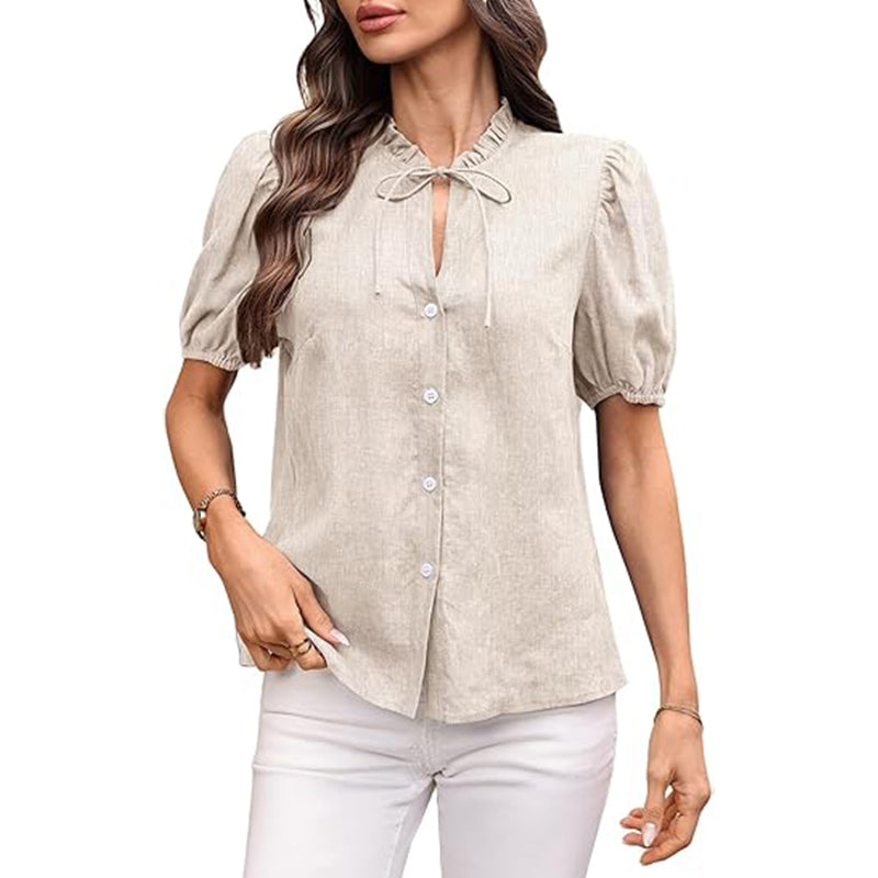 Women's Short Sleeve Ruched Collar Neck Tie