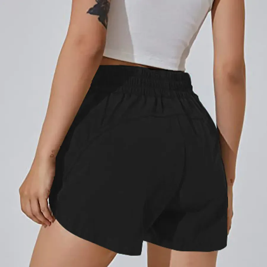 Women Running with Liner Zipper Pockets Elastic Athletic Gym Yoga Shorts