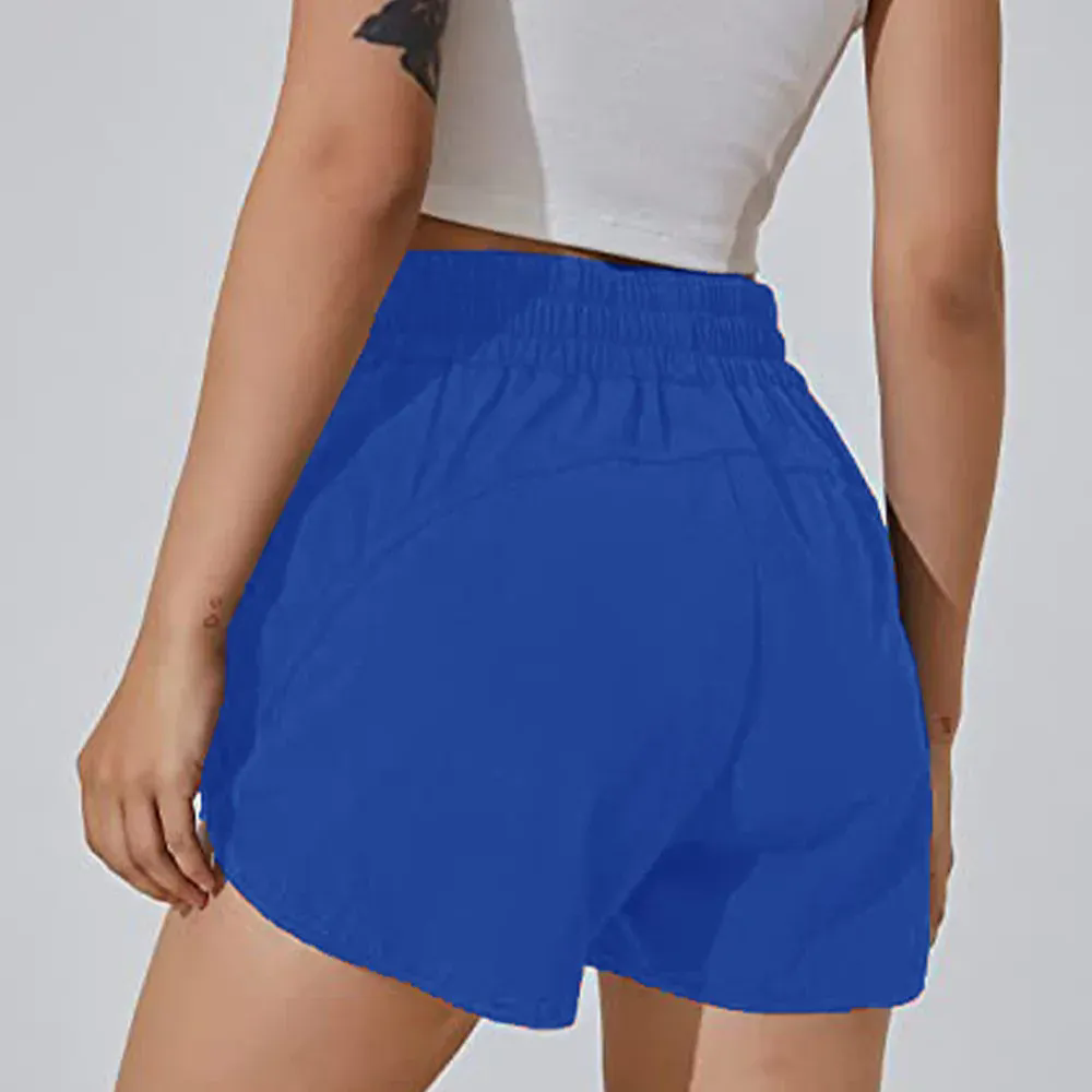 Women Running with Liner Zipper Pockets Elastic Athletic Gym Yoga Shorts