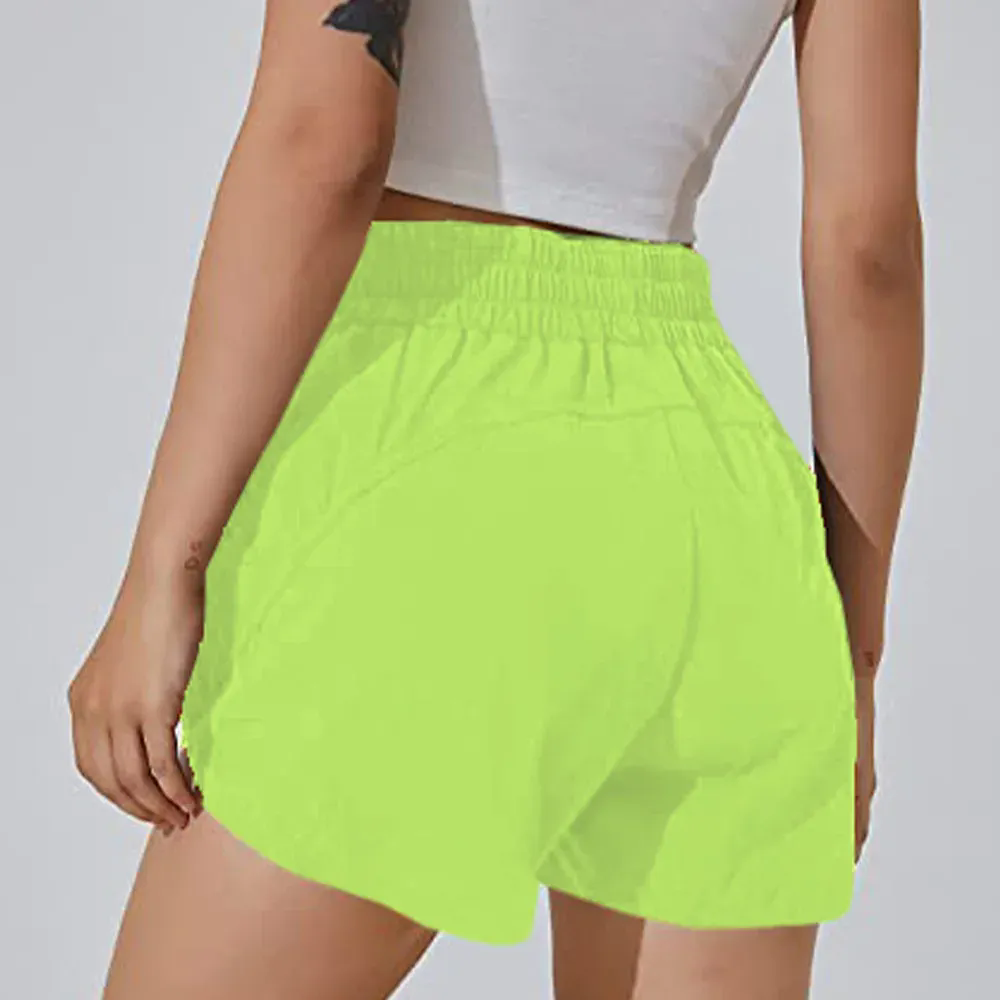 Women Running with Liner Zipper Pockets Elastic Athletic Gym Yoga Shorts