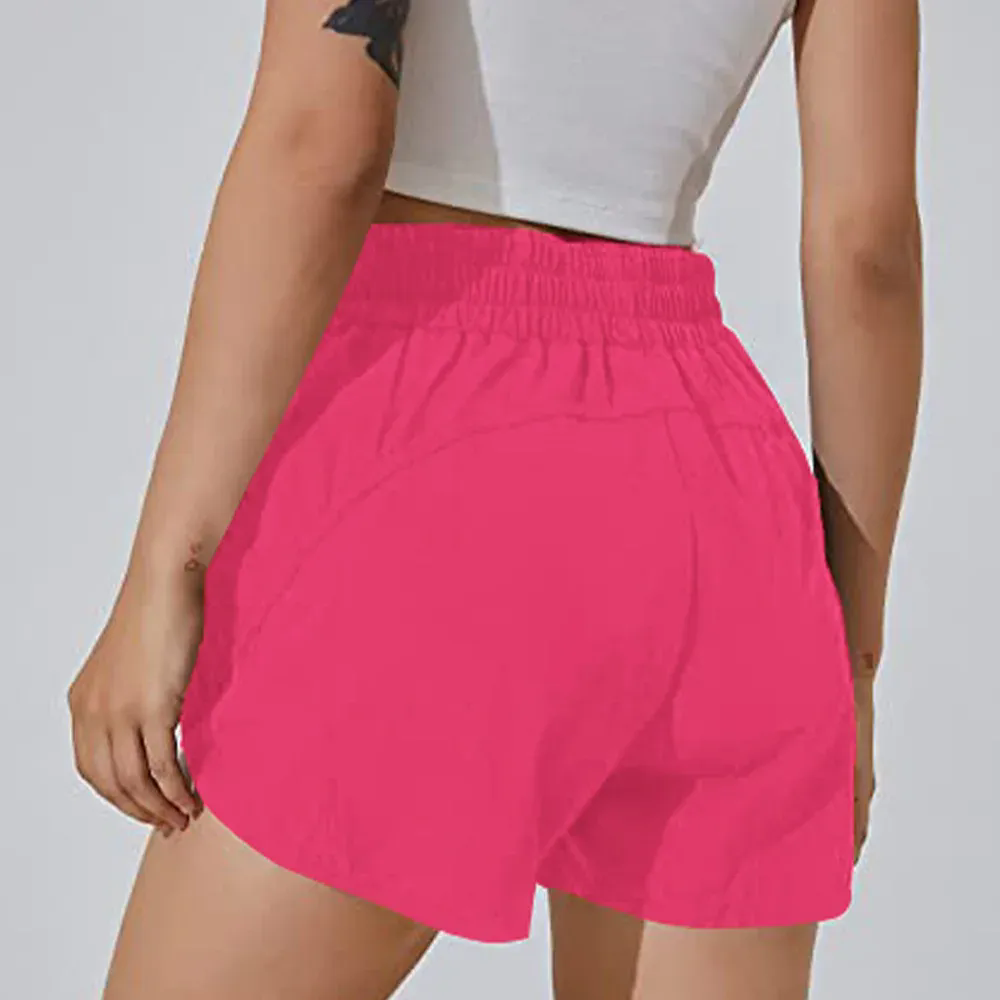 Women Running with Liner Zipper Pockets Elastic Athletic Gym Yoga Shorts