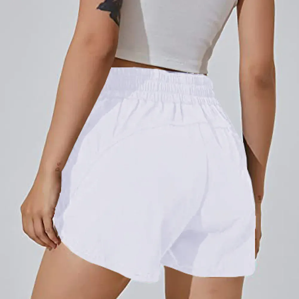 Women Running with Liner Zipper Pockets Elastic Athletic Gym Yoga Shorts