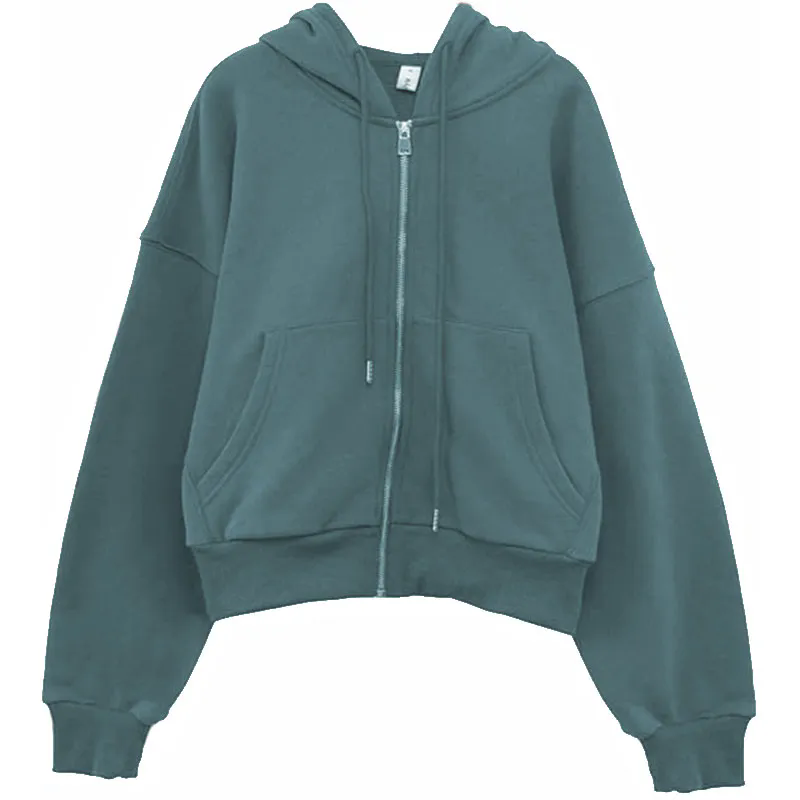 Women Drawstring Hoodie Fleece Full Zip Casual Jacket