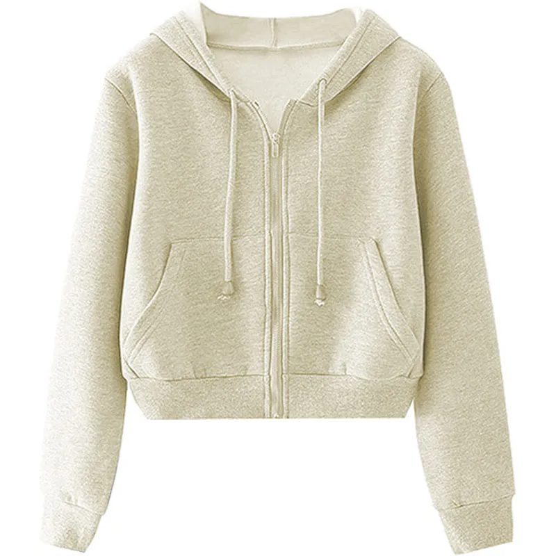 Women Casual Cropped Hoodie Hooded Jacket Top