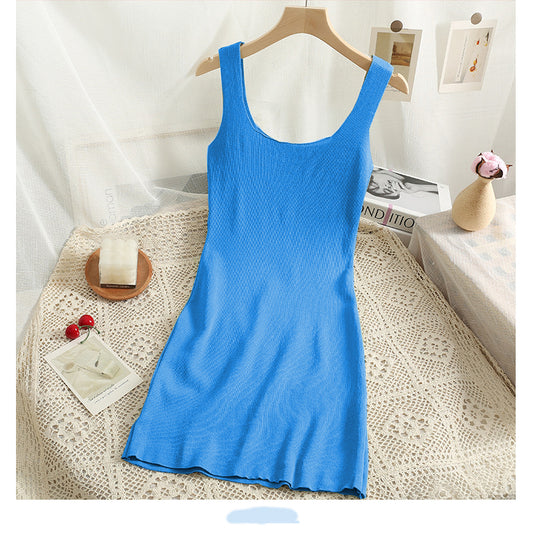 Women black knitted camisole waist cinching slimming dress