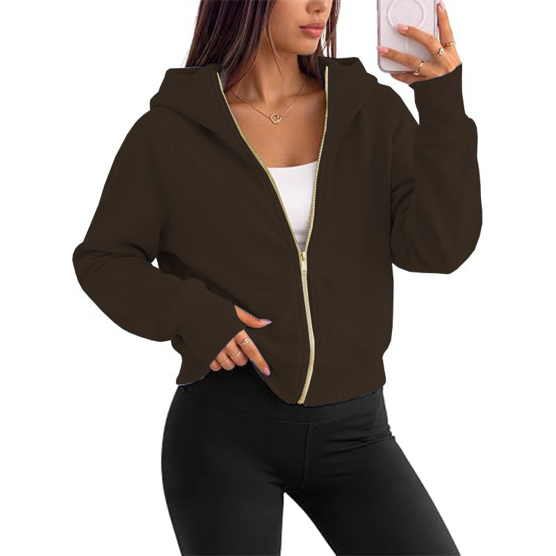 Women's full zipper hooded lightweight wool lined short jacket for autumn clothing