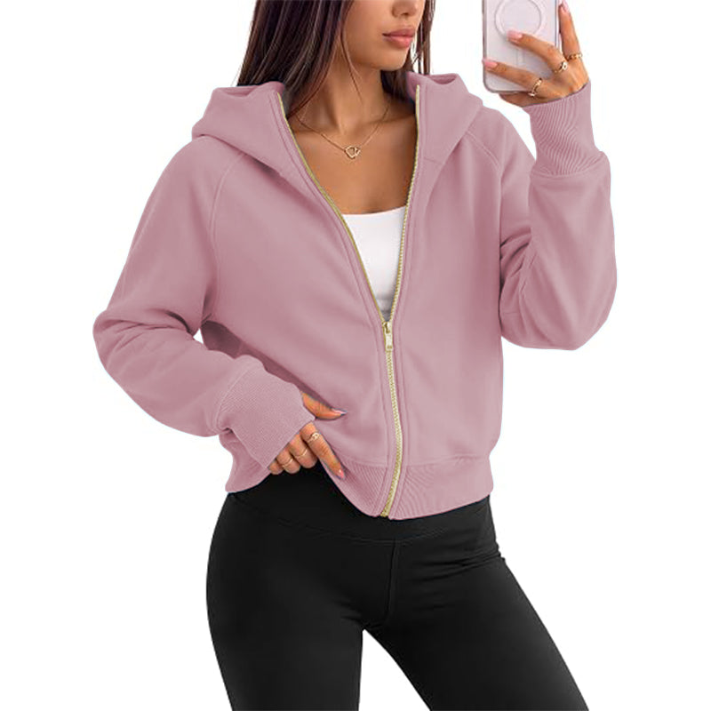 Women's full zipper hooded lightweight wool lined short jacket for autumn clothing
