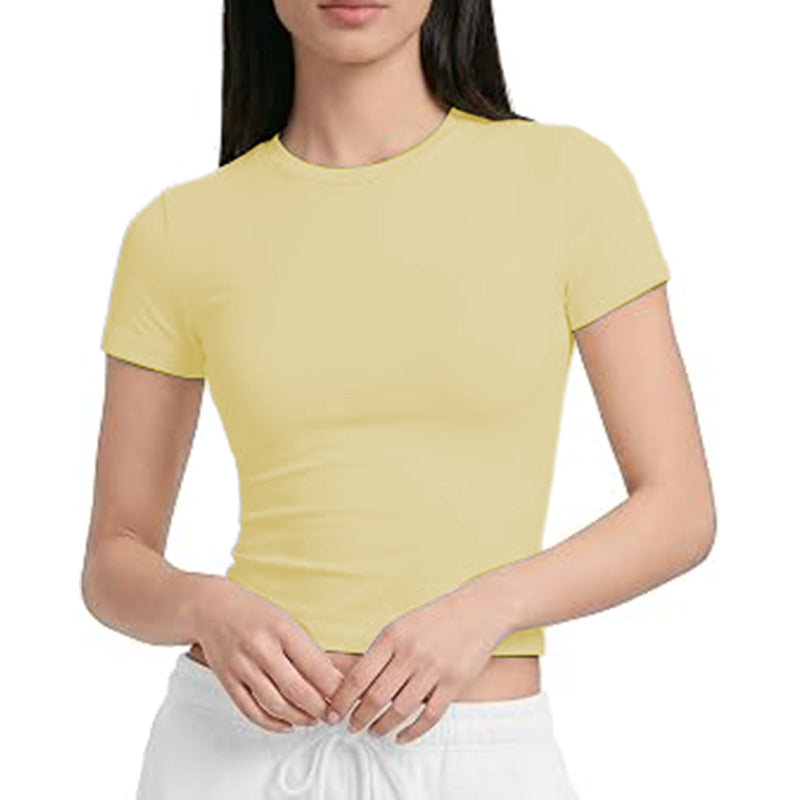 Women Basic T-Shirt Short Sleeve Crop Slim Fit Crew Neck Top