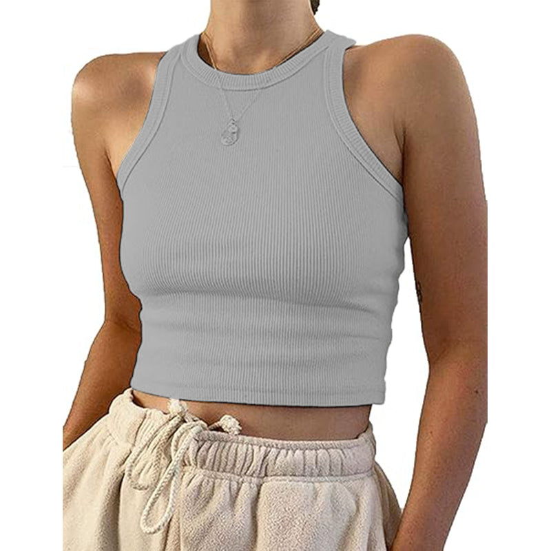 Women's basic sleeveless vest with exposed navel casual round neck tight top