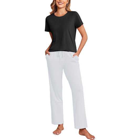 2 Piece Women Tracksuit Short Sleeve Tops And Wide Leg Long Pants