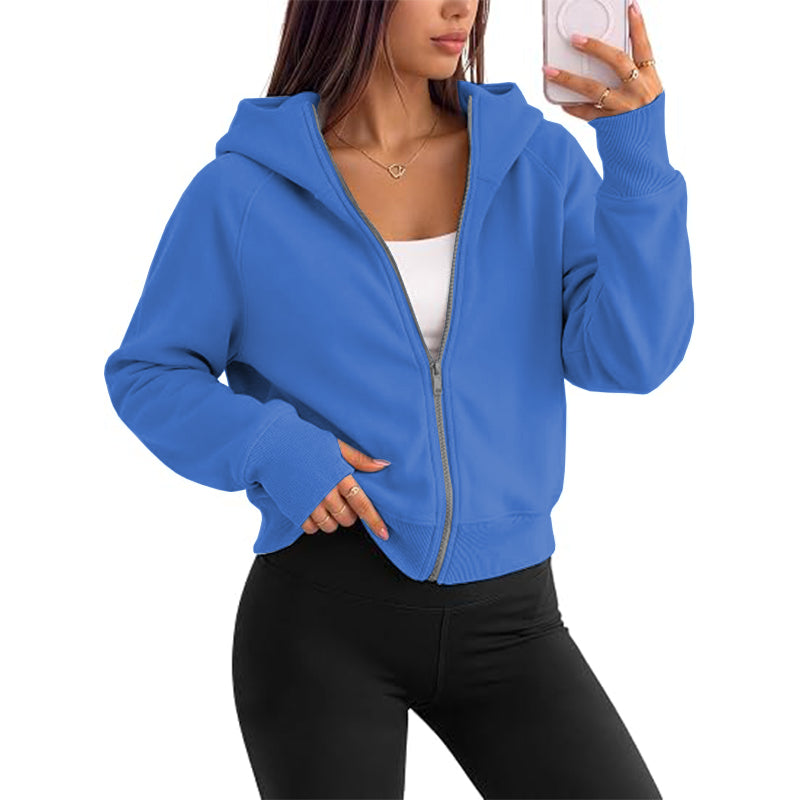 Women's full zipper hooded lightweight wool lined short jacket for autumn clothing