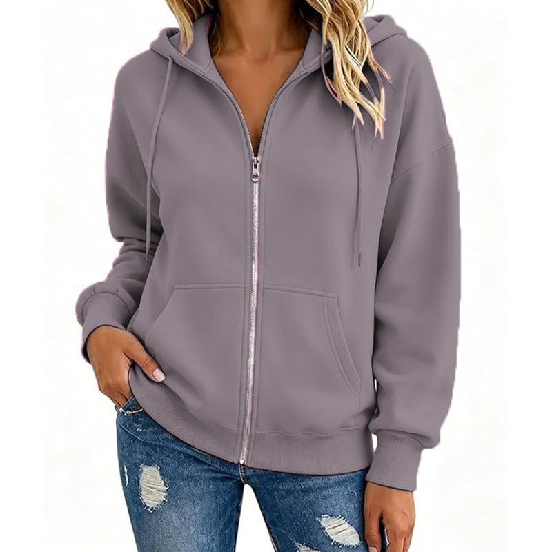 Women's sports shirt solid color full zipper hooded sweatshirt long sleeved pullover