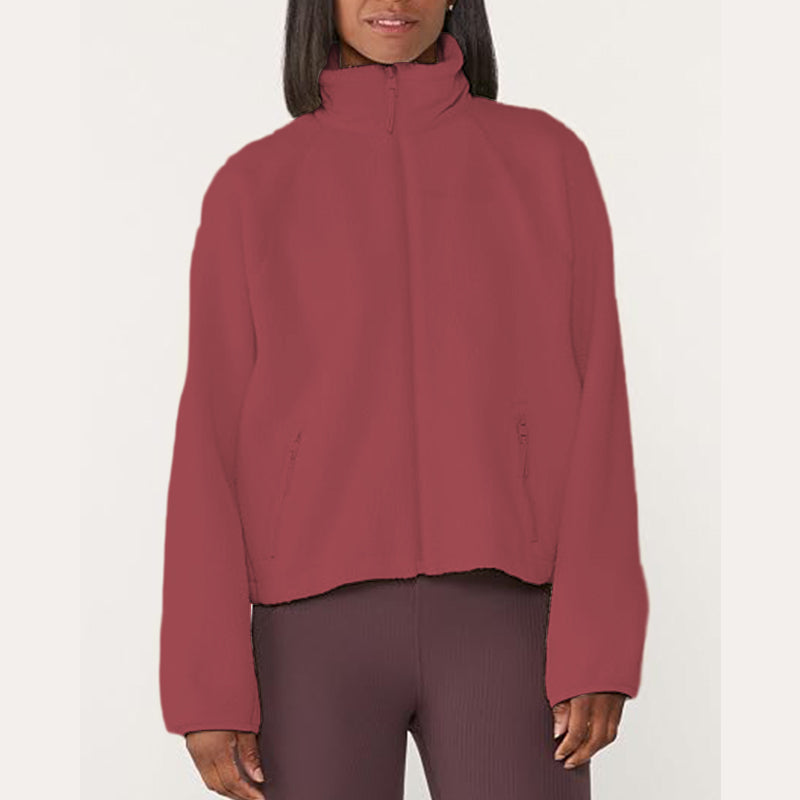 Womens Sherpa Fleece Jacket Zip Up Stand Collar Cozy Coat