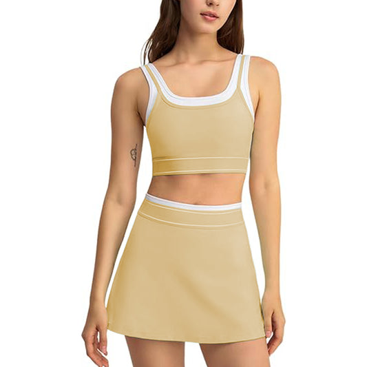 Women's Tennis Skirt High Waist A-line Skirt Tank Top with Chest Mat 2-piece Set Sports Clothing
