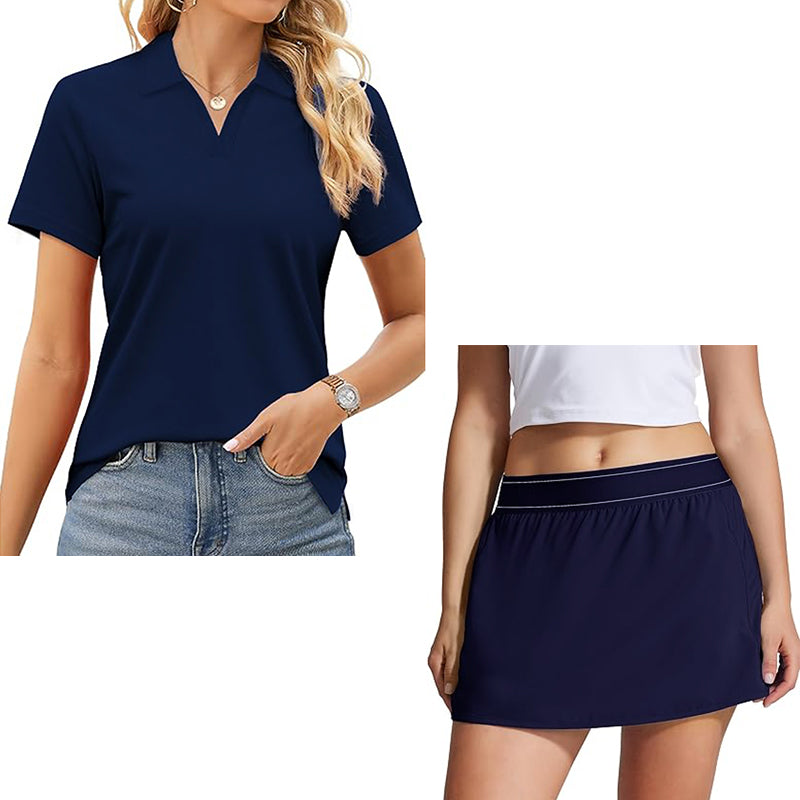 Women's two piece tennis skirt casual collar shirt summer sports short skirt set