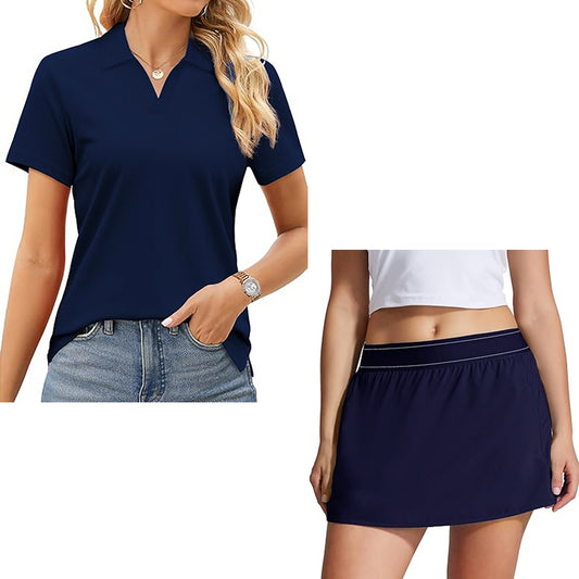 Women's two piece tennis skirt casual collar shirt summer sports short skirt set