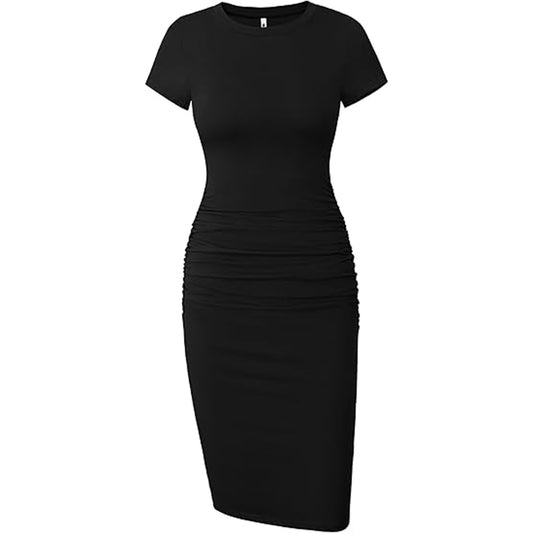 Women Short Sleeve Ruched Casual Bodycon T Shirt Dress