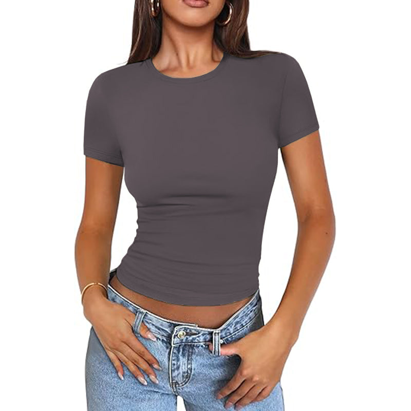 Women Basic Scoop Neck Short Sleeve Crop Cute Summer Top