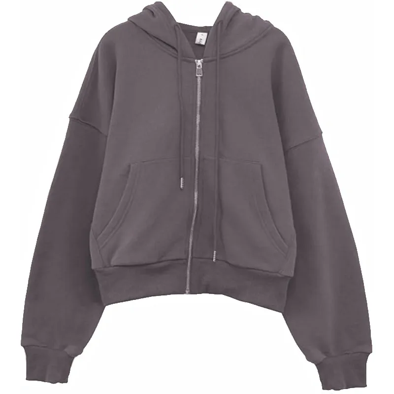 Women Drawstring Hoodie Fleece Full Zip Casual Jacket