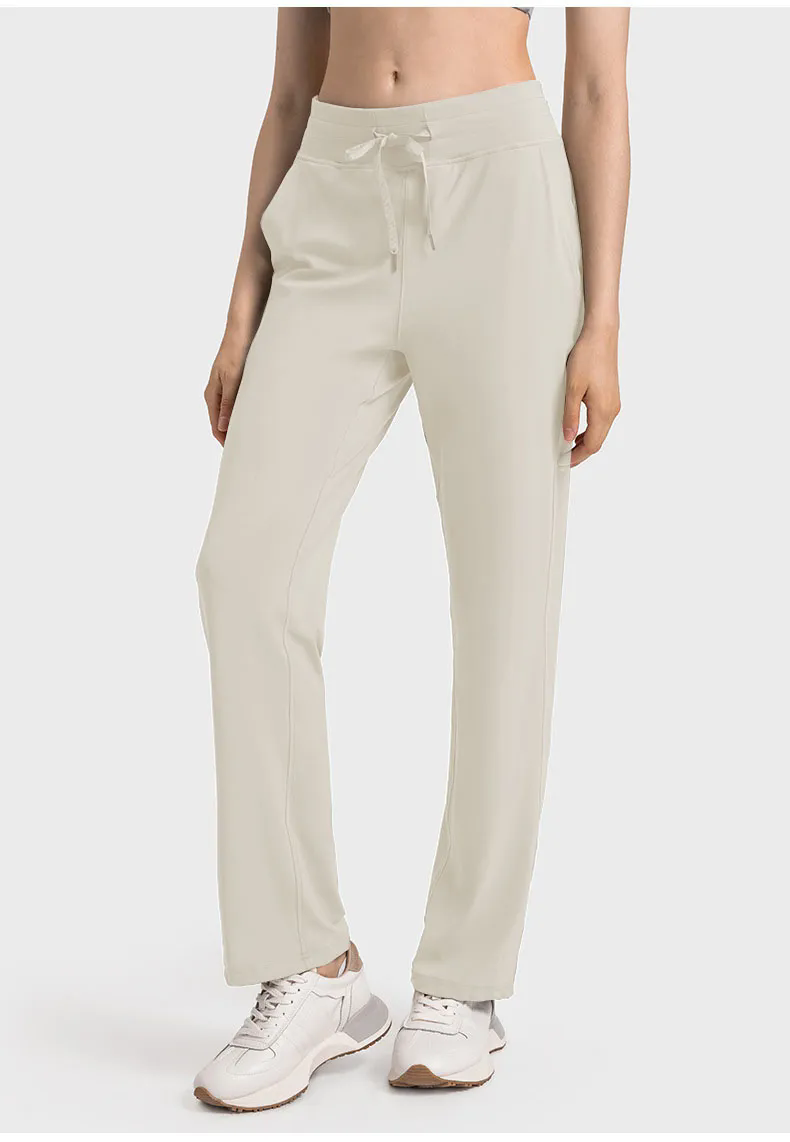 Women Wide Leg Elastic High Waisted Casual Pants Trousers with Pockets