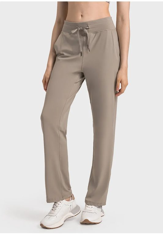 Women Wide Leg Elastic High Waisted Casual Pants Trousers with Pockets