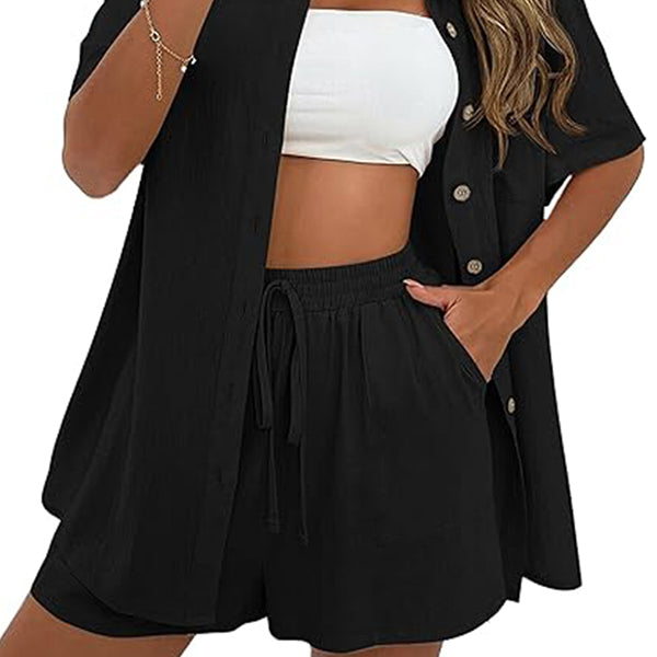 Women 2 Piece Sets Long Sleeve Button Down Shirts Matching Short Sets