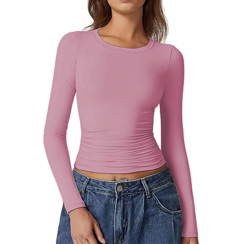 Women Crewneck Long Sleeve Shirt Double Lined Basic Tees