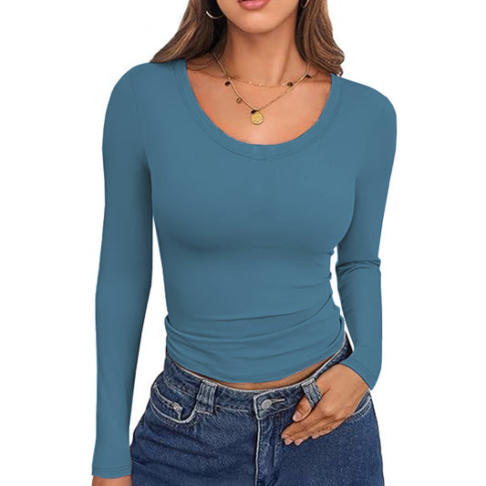 2025 Women Crewneck Long Sleeve Shirt Double Lined Basic Tees