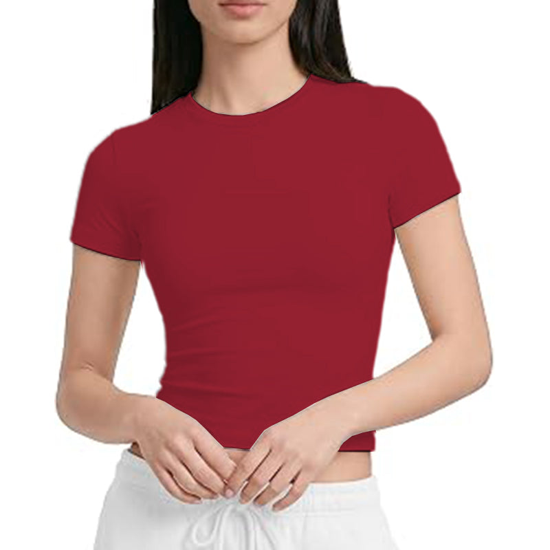 Women Basic T-Shirt Short Sleeve Crop Slim Fit Crew Neck Top