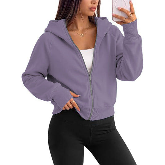 Women's full zipper hooded lightweight wool lined short jacket for autumn clothing