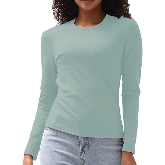 Womens Crewneck Long Sleeve Shirt Double Lined Basic Tees