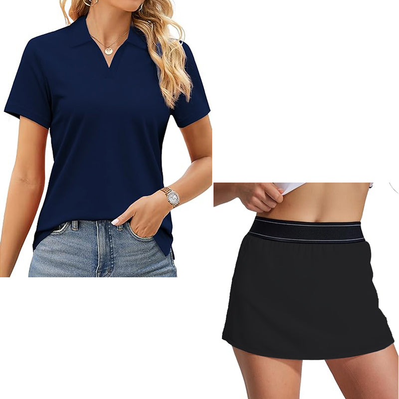 Women's two piece tennis skirt casual collar shirt summer sports short skirt set