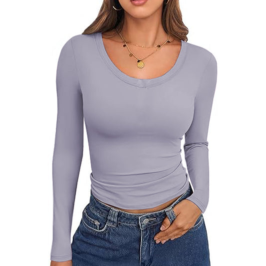 Womens Long Sleeve Shirts Loose Fitted Crewneck Basic Tops