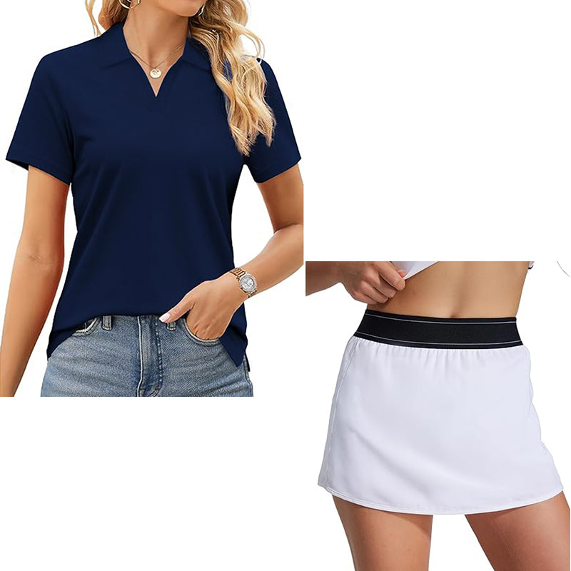 Women's two piece tennis skirt casual collar shirt summer sports short skirt set