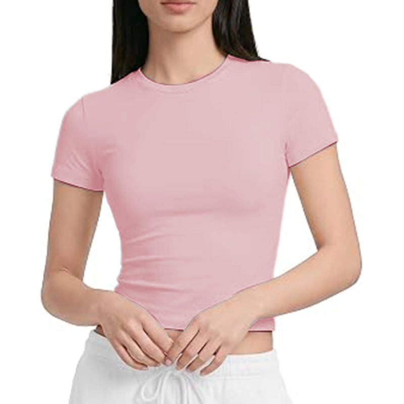 Women Basic T-Shirt Short Sleeve Crop Slim Fit Crew Neck Top