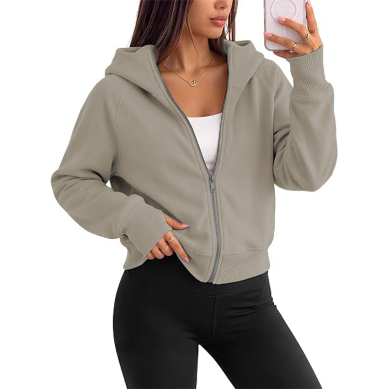 Women's full zipper hooded lightweight wool lined short jacket for autumn clothing