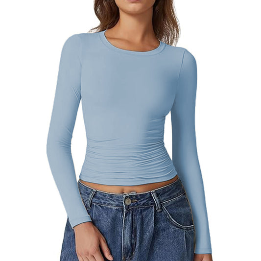 Women Crewneck Long Sleeve Shirt Double Lined Basic Tees