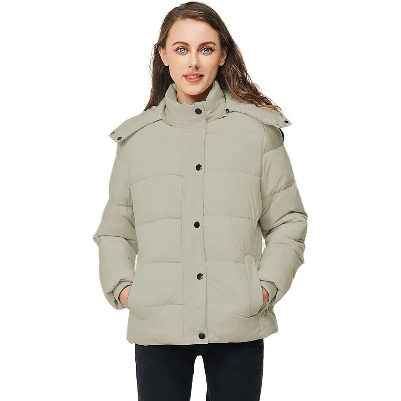 Women Puffer Jacket Long Sleeve Full Zipper Coat with Detachable Hood