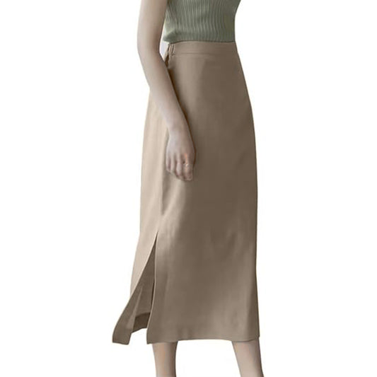 Women's high waisted straight tube cotton and linen long skirt with slit